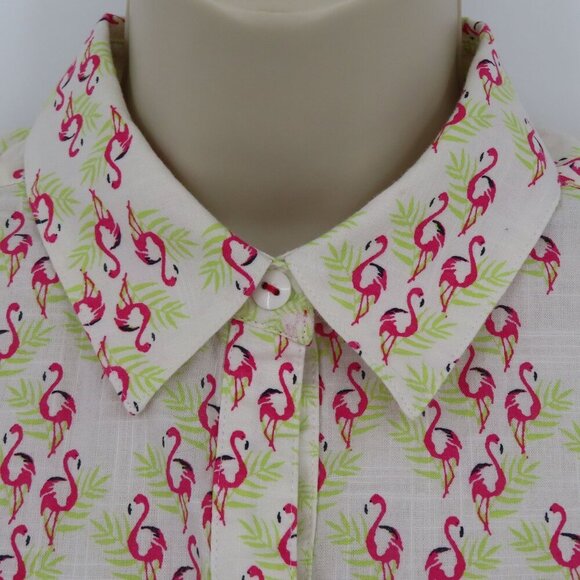 Foxcroft Women 6 Pink Flamingo Green Palm Leaf Collared Button Shirt Top Blouse - Picture 3 of 12